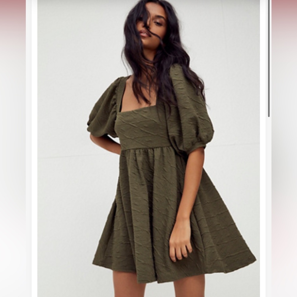 Free People Olive Green Textured Puff Sleeve Mini Dress - Picture 3 of 12